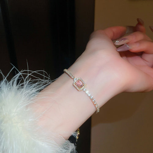 Luxury Copper Zircon Square Stone Adjustable Bangle For Women Minimalist Geometric Jewelry