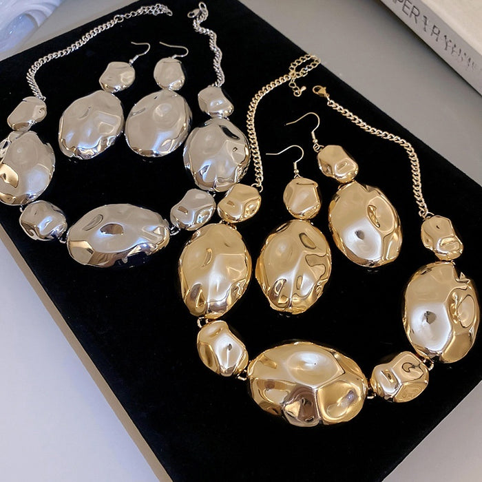 Statement Glossy Wrinkle Oval Iron Earrings And Collarbone Necklace Jewelry Set For Women