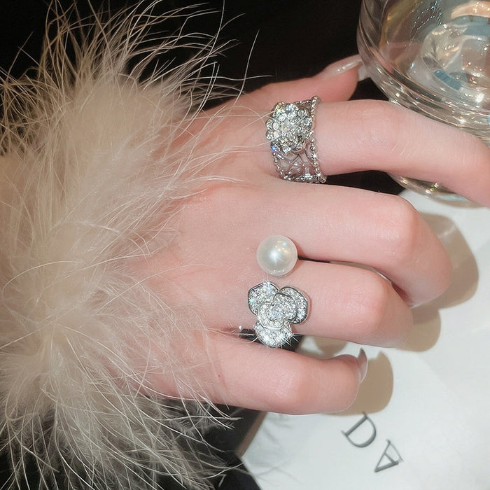 French Style Faux Pearl Zircon Flower Open Ring For Women Light Luxury Fashion Jewelry