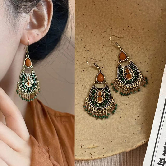 Vintage Alloy Water Drop Beaded Tassel Drop Earrings Ethnic Palace Style Light Luxury Jewelry