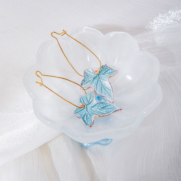 Bohemian Blue Maple Leaf Irregular Enamel Alloy Creative Sweet Fresh Long Drop Dangle Hook Earrings