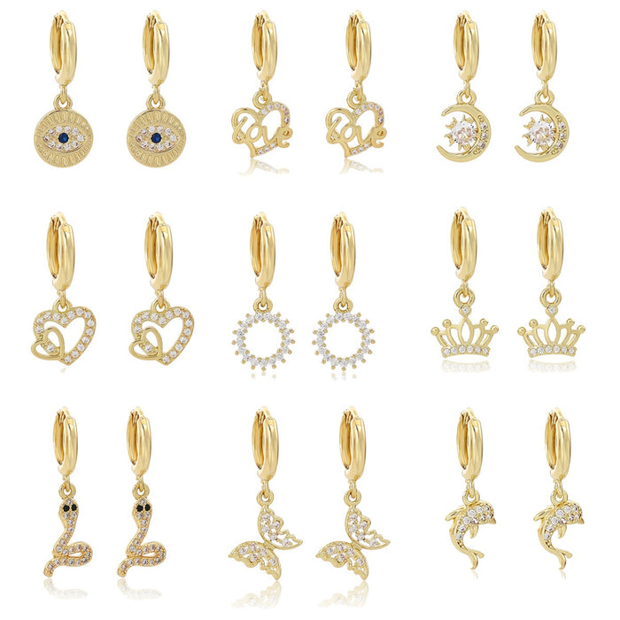 European American Hollow Rhinestone Dolphin Heart Butterfly Crown Moon Ear Cuff Earrings