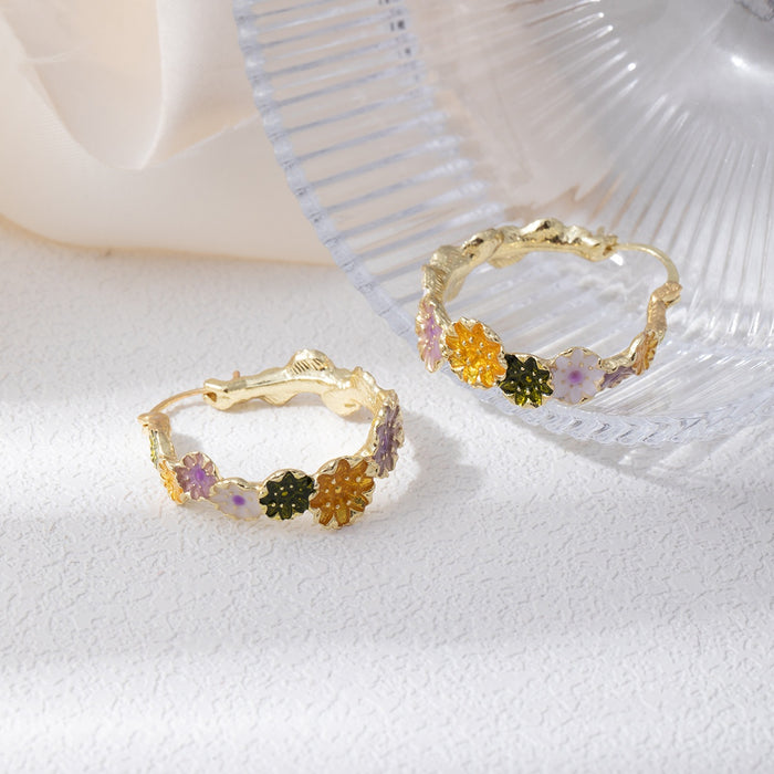 Elegant Korean Style Colorful Enamel Flower Gold Alloy Hoop Huggie Women's Fashion Earrings