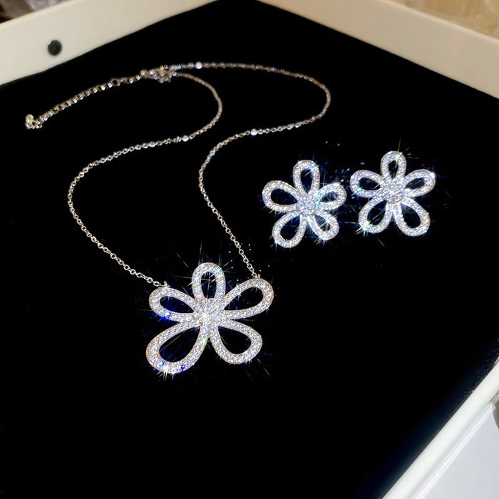 Copper Full Rhinestone Flower Drop Earrings With Silver Pins, Elegant Commuter Style