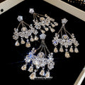 Chic Alloy Rhinestone Flower Tassel Drop Earrings For Women With Silver Needle view 1
