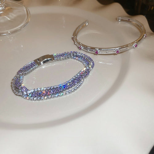 Luxury Copper Multi Layer Colorful Rhinestone Clasp Bangle Geometric Line Bracelet For Women