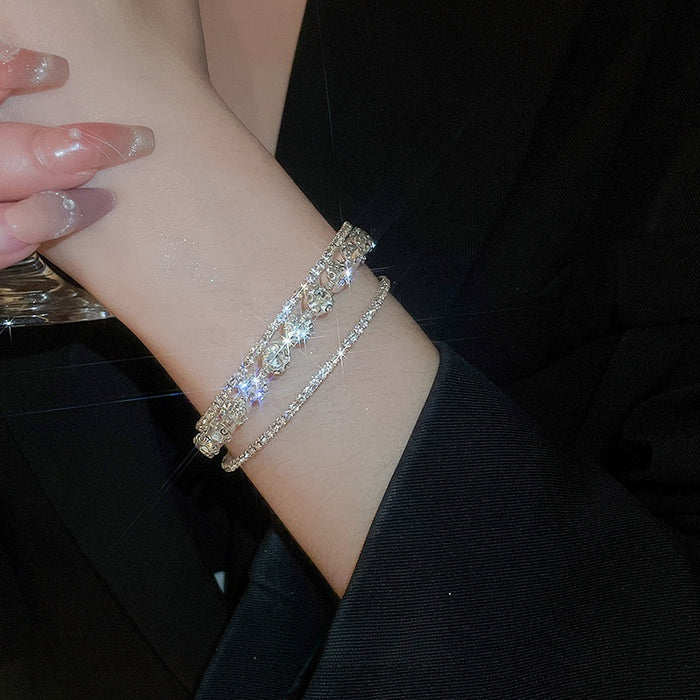 Korean Style Copper Multi Layer Rhinestone Flower Bangle With Circular Line Design