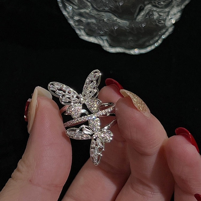 Elegant Copper Full Zircon Double Butterfly Ring Princess Style Statement Jewelry
