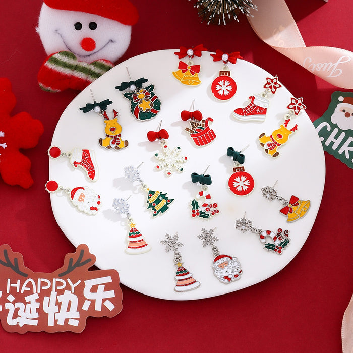 925 Silver Needle Creative Cartoon Santa Reindeer Bell Asymmetric Christmas Stud Earrings