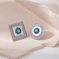 Vintage Luxury Asymmetric Geometric Flower Enamel Rhinestone Alloy Silver Needle Stud Earrings view 4