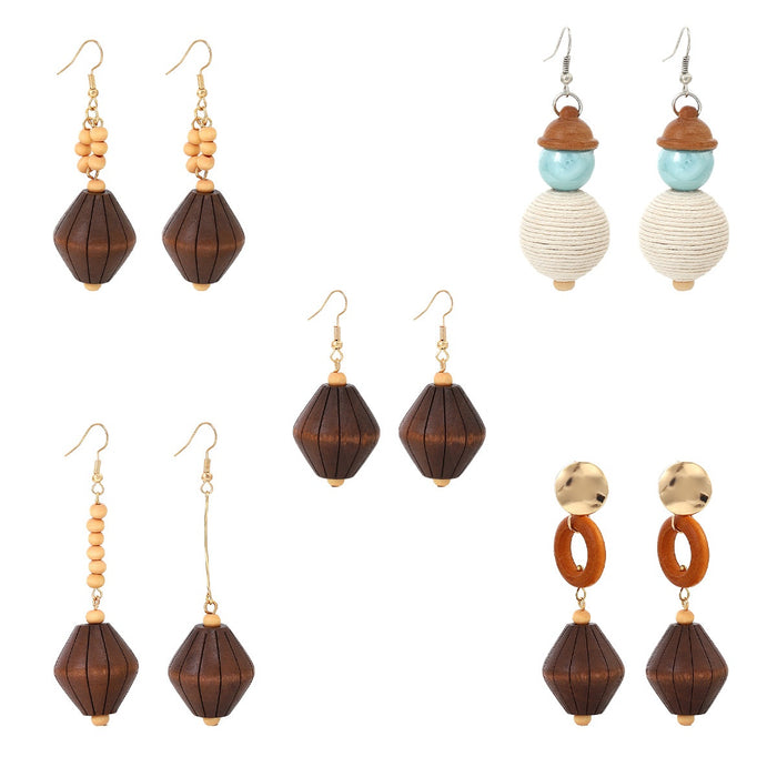 Vintage Ethnic Wooden Diamond Bead Dangle Earrings For Women Alloy Hook Geometric Bohemian Drop Earrings