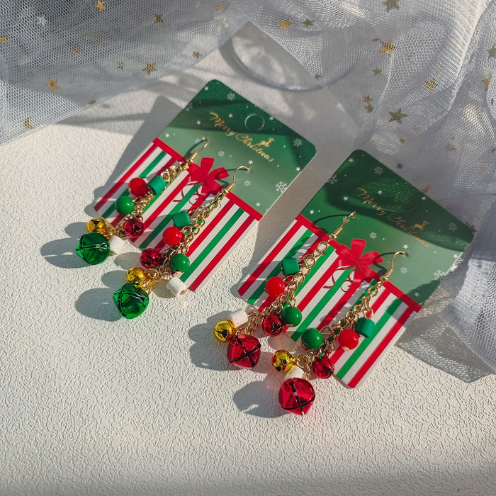 Christmas Bell Charm Long Tassel Alloy Enamel Beaded Red Green Holiday Statement Earrings