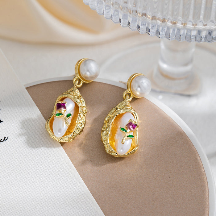 European Vintage Luxury Gold Alloy Teardrop Pearl Flower Inlaid Enamel Rhinestone Drop Stud Earrings