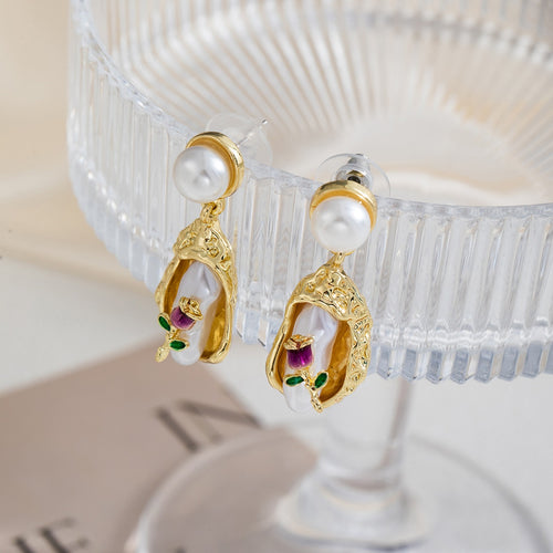 European Vintage Luxury Gold Alloy Teardrop Pearl Flower Inlaid Enamel Rhinestone Drop Stud Earrings