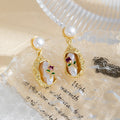 European Vintage Luxury Gold Alloy Teardrop Pearl Flower Inlaid Enamel Rhinestone Drop Stud Earrings view 3