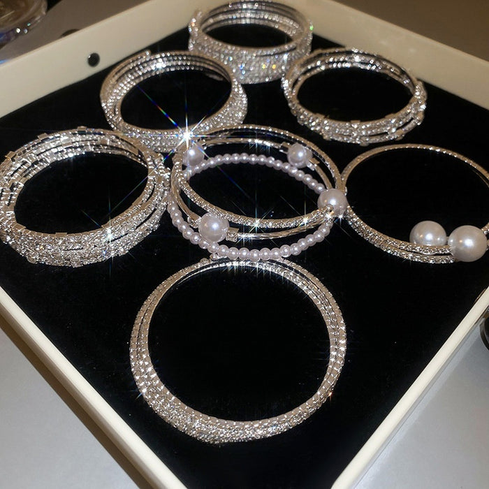 Elegant Multi Layer Faux Pearl Rhinestone Fabric Stretch Bangle