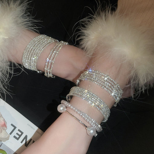 Elegant Multi Layer Faux Pearl Rhinestone Fabric Stretch Bangle
