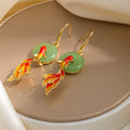 Elegant New Chinese Green Round Jade Disc Koi Fish Alloy Enamel Dangle Drop Hanfu Fashion Earrings view 3