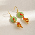 Elegant New Chinese Green Round Jade Disc Koi Fish Alloy Enamel Dangle Drop Hanfu Fashion Earrings view 2