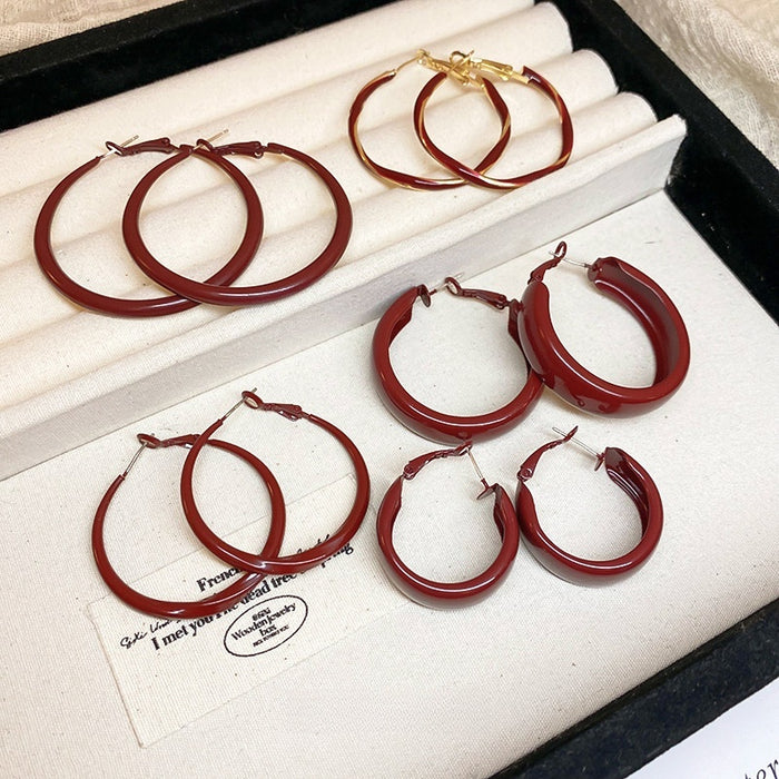 Chic Alloy Red Enamel Twisted Hoop Earrings With Silver Posts Korean Geometric Jewelry