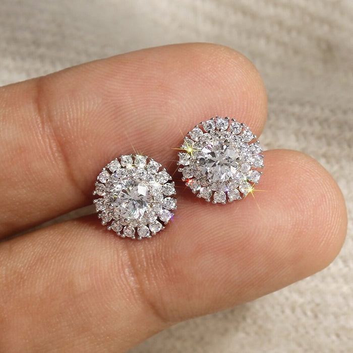 Light Luxury Sunflower Stud Earrings For Women, Geometric Sparkling Micro Paved Fashion Ear Jewelry