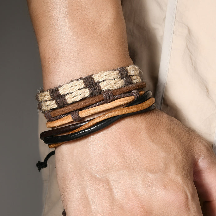 Handmade Multi Layer Men's Cowhide Leather Bracelet DIY Set, Simple Vintage Fashion Wristband