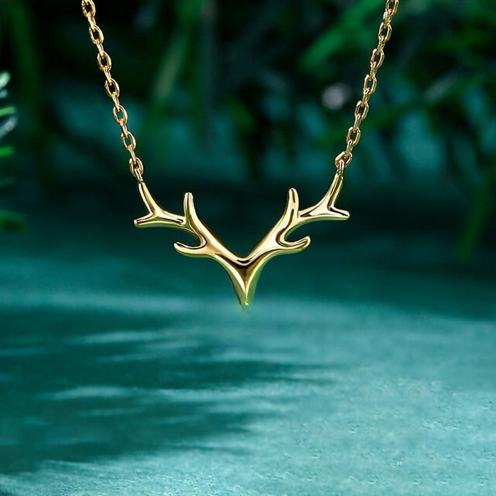 Simple Large Reindeer Antler Pendant Necklace With Zircon Inlay, Fashion Christmas Jewelry For Women