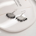 Vintage Ethnic Fan Shape Hollow Alloy Black Bead Tassel Drop Dangle Earrings view 2
