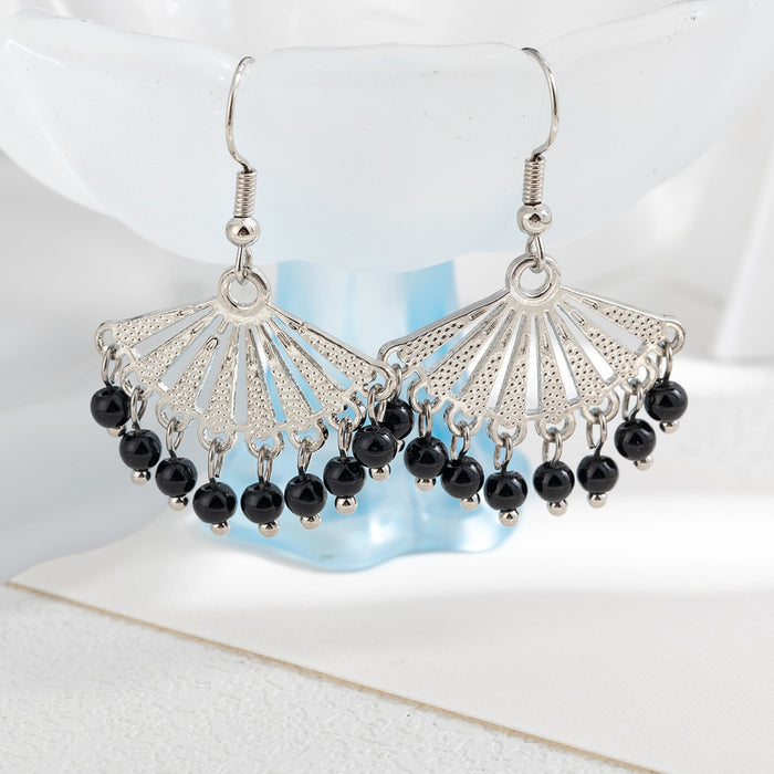 Vintage Ethnic Fan Shape Hollow Alloy Black Bead Tassel Drop Dangle Earrings