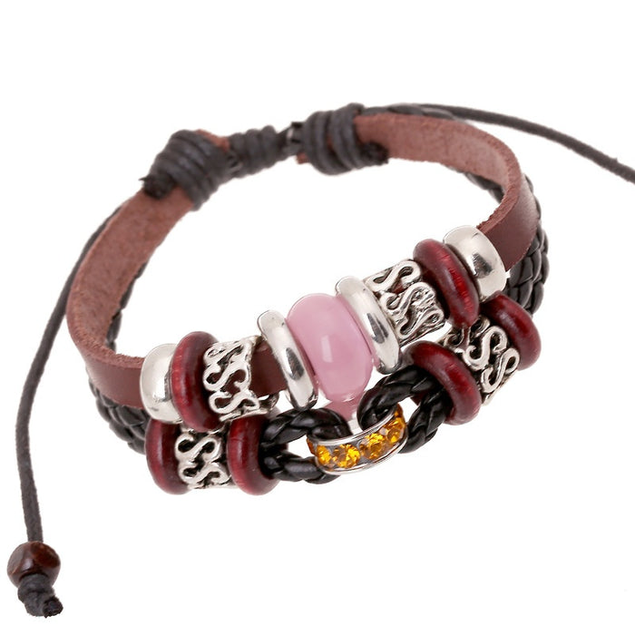 Vintage Personalized Cowhide Leather Beaded Bracelet Fashion Versatile Genuine Leather Jewelry