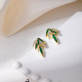Light Luxury Chinese Style Bamboo Leaf Green Enamel Rhinestone Alloy Silver Needle Stud Earrings view 4
