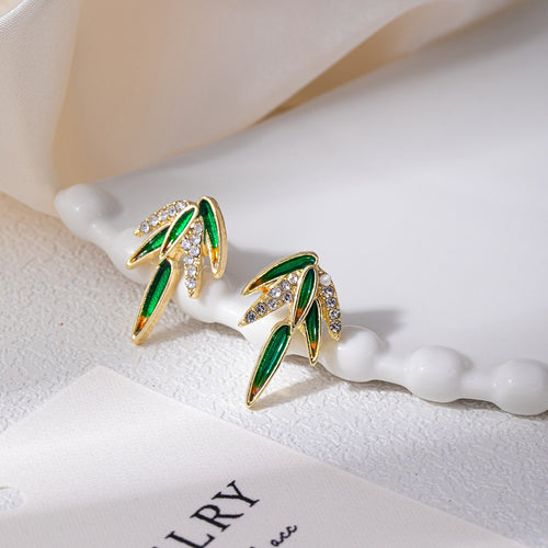 Light Luxury Chinese Style Bamboo Leaf Green Enamel Rhinestone Alloy Silver Needle Stud Earrings