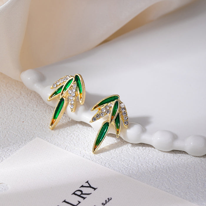 Light Luxury Chinese Style Bamboo Leaf Green Enamel Rhinestone Alloy Silver Needle Stud Earrings