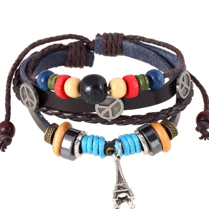 Fashion Korean Style Genuine Cowhide Leather Beaded Bracelet Punk Accessory