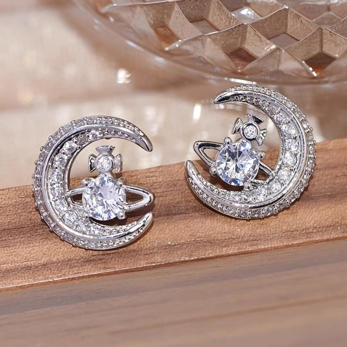 Planet And Moon Stud Earrings For Women, Sparkling Micro Pave Zircon Fashion Ear Jewelry