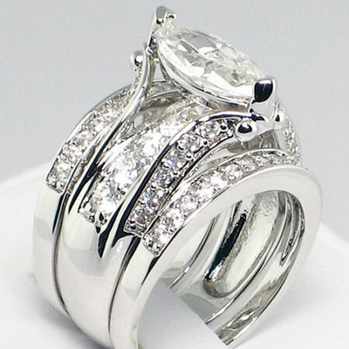 Marquise Geometric Three Ring Set For Women, Zircon Inlaid Wedding Fashion Finger Rings