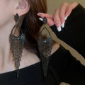 Chic Dark Rhinestone Teardrop Tassel Drop Earrings, Copper Long Line Geometric Statement Design view 2