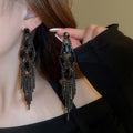 Chic Dark Rhinestone Teardrop Tassel Drop Earrings, Copper Long Line Geometric Statement Design view 4