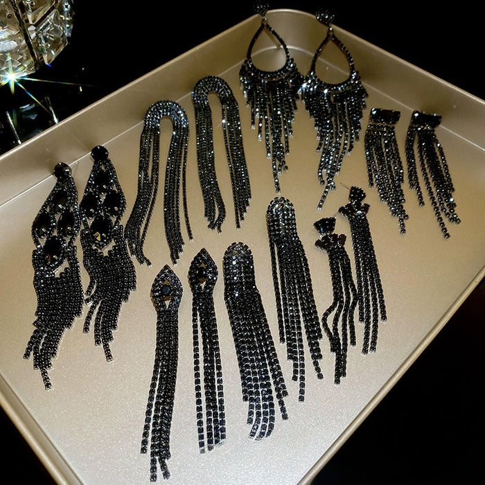 Chic Dark Rhinestone Teardrop Tassel Drop Earrings, Copper Long Line Geometric Statement Design