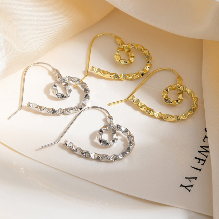 Korean Light Luxury Alloy Hollow Heart Spiral Hoop Earrings For Women Minimalist Faceted Ripple Earrings