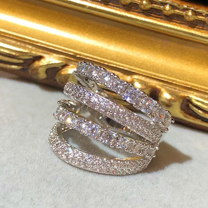 European Geometric Ring For Women, Micro Pave Zircon Multilayer Line Fashion Jewelry