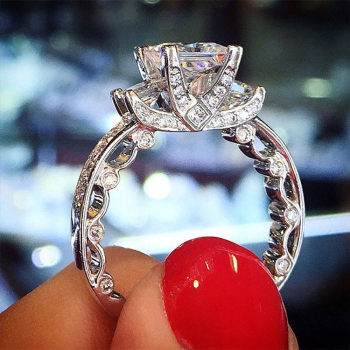 Fashion Design Ring For Women With Sparkling Four Prong Micro Inlay Geometric Band
