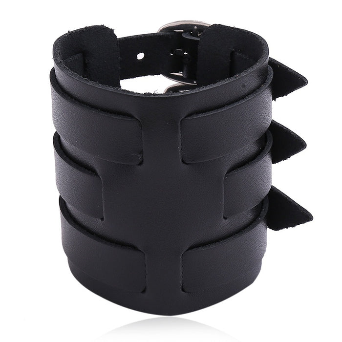 Men's Simple Double Layer Punk Cowhide Leather Bracelet Bold Nightclub Wrist Accessory