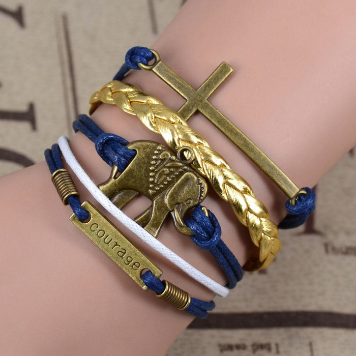 Hot Selling Handmade Braided Bracelet With Elephant Cross And Letter Tag Charms For