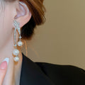 French Chic Star Meteor Drop Earrings With Faux Pearl Rhinestone Silver Needle Long Tassel Design view 4