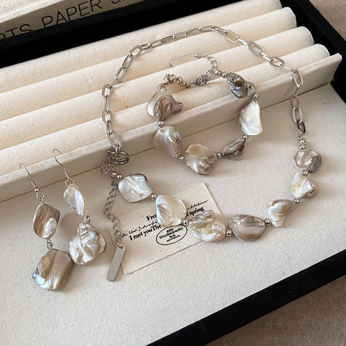 Metal Shell Chain Linked Earrings Bracelet Necklace Jewelry Set, Fresh Vacation Style