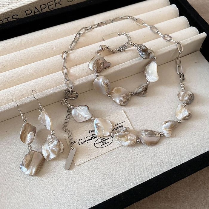 Metal Shell Chain Linked Earrings Bracelet Necklace Jewelry Set, Fresh Vacation Style