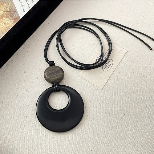 Vintage New Chinese Style Faux Agate Round Ring Pendant Necklace, Geometric Clavicle Jewelry