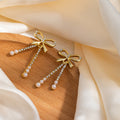 Elegant French Bowknot Alloy Stud Earrings With Rhinestone Pearl Tassels, Luxury Sweet Jewelry Earrings view 2