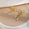 Elegant French Bowknot Alloy Stud Earrings With Rhinestone Pearl Tassels, Luxury Sweet Jewelry Earrings view 1